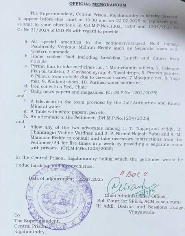 జైల్లో వసతుల కోసం కోర్టుకు మిథున్ రెడ్డి
